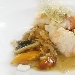 -Scampi scottati nell'olio di caff e trippa stufata con bisque di scampi, rosmarino e salvia. Pomodori verdi, polvere di capperi, schiuma di bufala, crackers al basilico.  - -Chef Antonio Tecchia