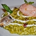 Risotto carnaroli, asparagi, maionese di calamaro, crudo di gamberi rossi e tartufi di mare - -